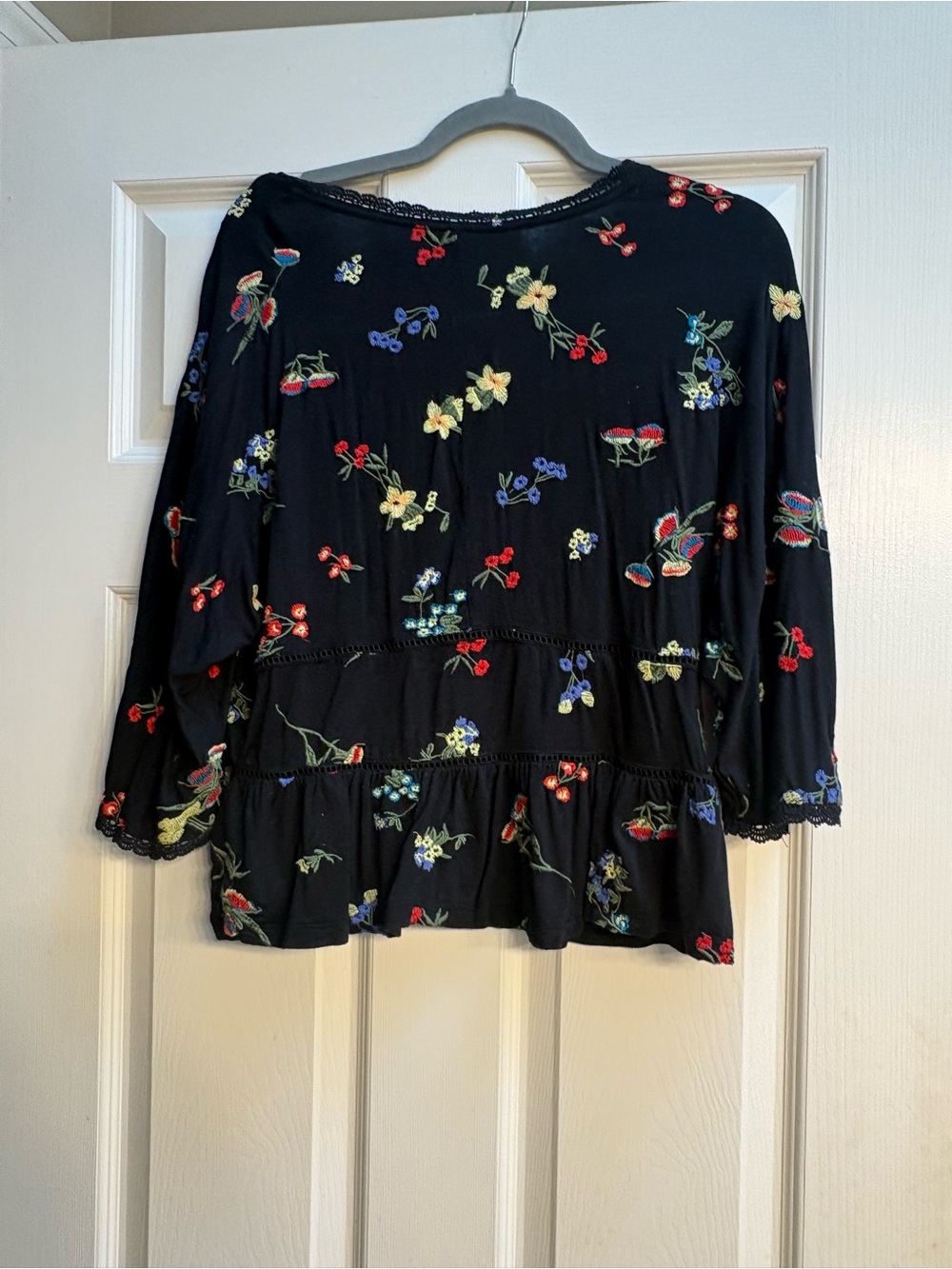 Anthropologie Black Floral Peplum Blouse with Multicolor Embroidery - Picture 2 of 2